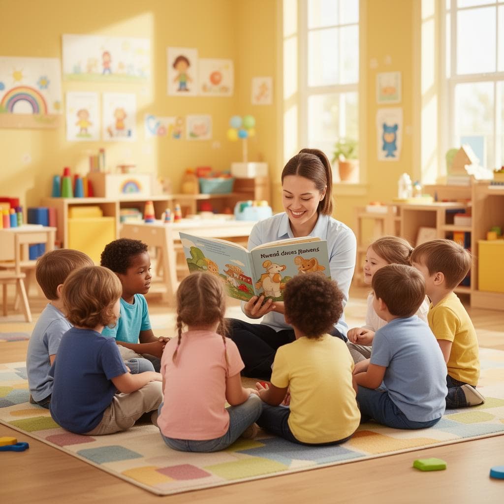 Akvarellillustration av en nalle på en pall med en pläd och en växt